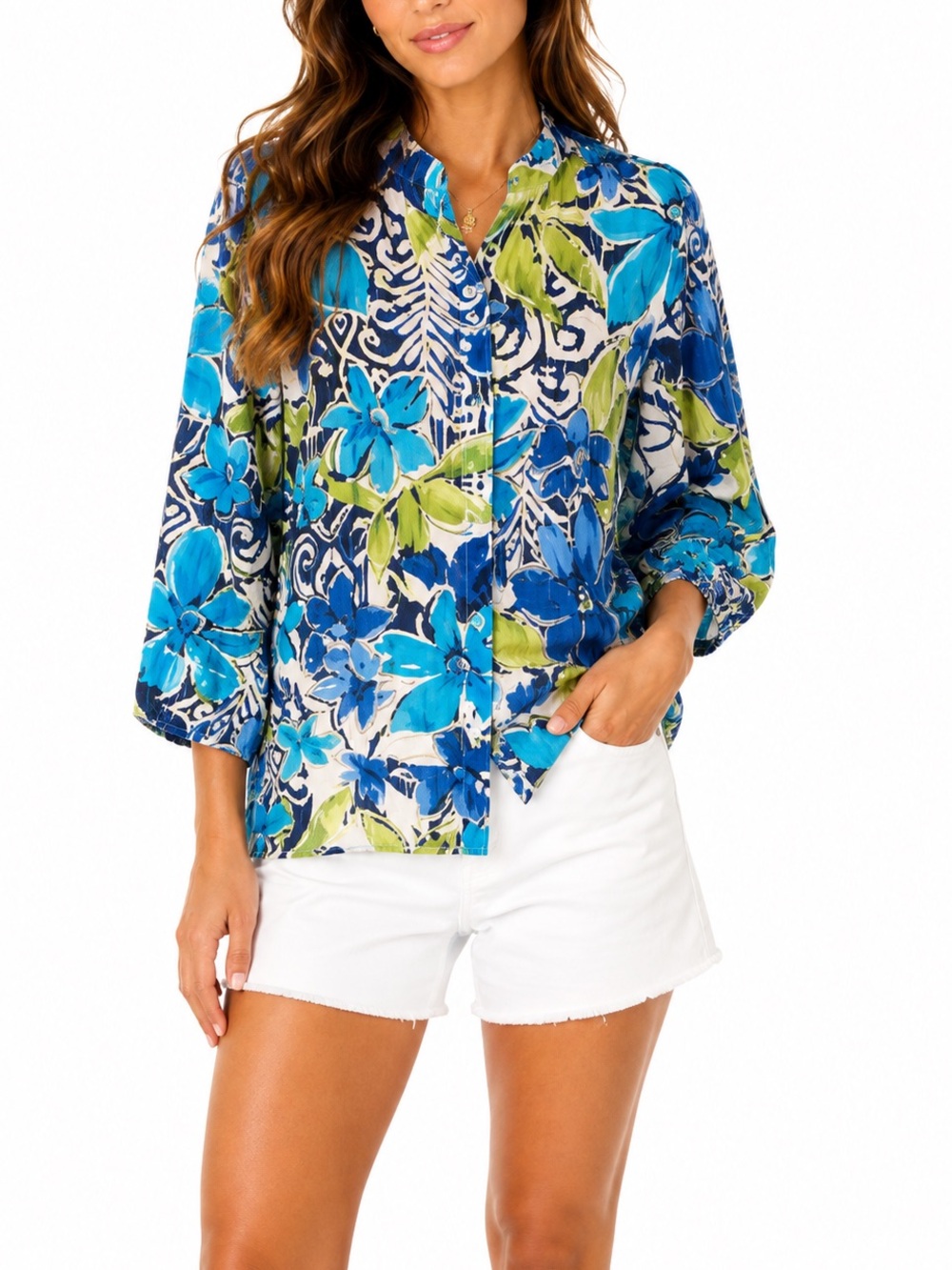Alfred Dunner 3/4 Sleeve Button Up Blouse Blue and Green Floral Pattern size 6p